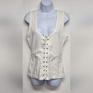 Lady Enyce XL Corset Top Sleeveless Ribbed Stretch White Tie Up Front Racerback